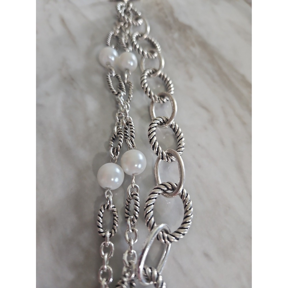 Premier Designs 3 strand triple chain faux pearl beaded Silver tone Bracelet